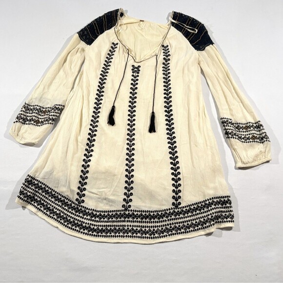 Free People Womens Beige Boho Embroidered Tunic Shift Top Mini Dress Sz M Stain - Picture 1 of 11